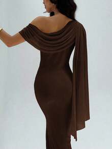 Vestido asimétrico de hombro de unicolor elegante para mujer - Café integral - Ver 8