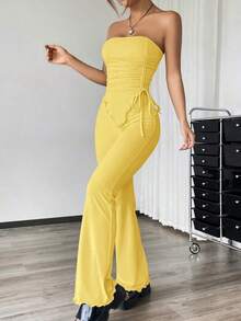 Conjunto de dos piezas con top asimétrico bandeau fruncido de unicolor y pantalones acampanados para mujer - amarillo ganso - Ver 5