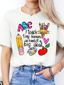 Women's Short Sleeve Sports T-Shirt With Round Neck And Spanish Alphabet Print - Spring/Summer - [白色的] - 查看 1