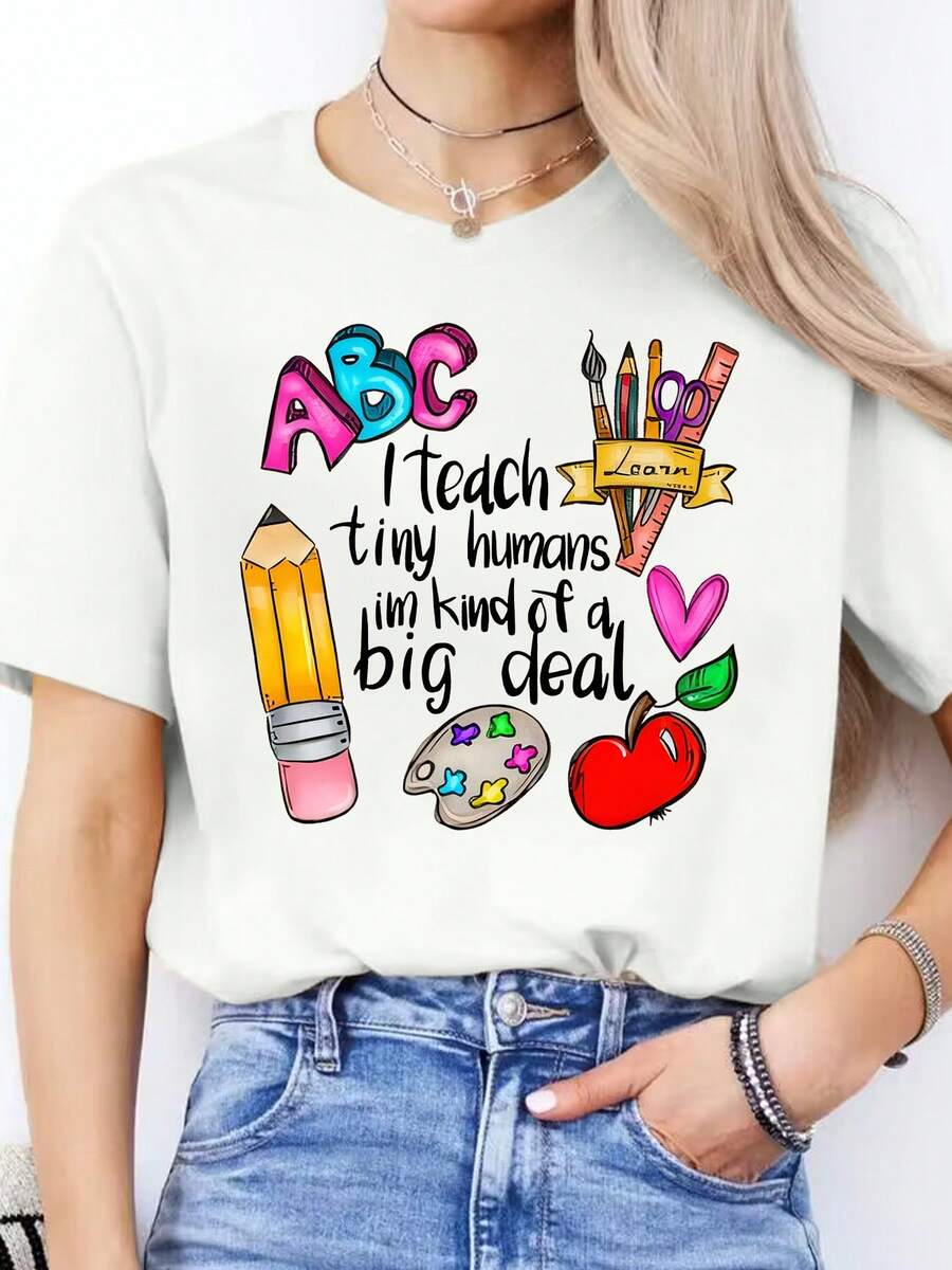 Women's Short Sleeve Sports T-Shirt With Round Neck And Spanish Alphabet Print - Spring/Summer - [白色的] - 查看 1