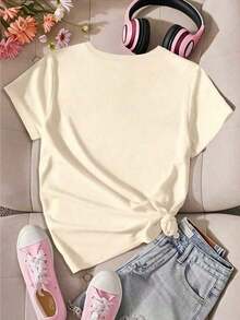 Sparklyn Black Short Sleeve Crew Neck Graphic Tee For Preteen Girls, Casual, Comfortable, And Fashionable Minimalist Graphic Tee, Versatile, With Cartoon, Creative, Fun, Celebrity, Anime, And  Prints, 100% Cotton - 杏色2 - 查看 2