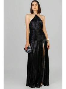 Metallic Pleated Halter Maxi Dress, Ruched Waist With Front Slit, Elegant Evening Gown For Prom & Weddings - Black - View 1