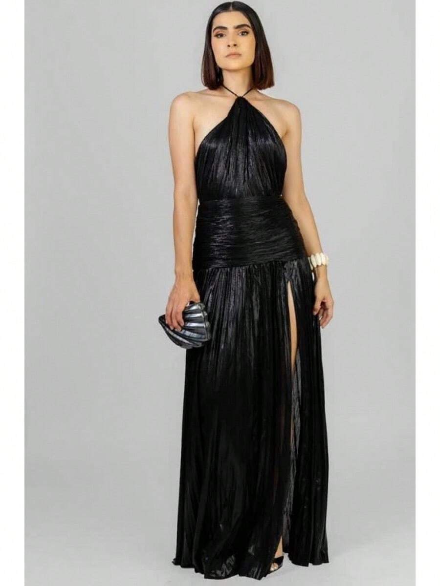 Metallic Pleated Halter Maxi Dress, Ruched Waist With Front Slit, Elegant Evening Gown For Prom & Weddings - Black - View 1