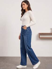 Jeans De Corte Recto Y Tiro Alto Estilo Minimalista Y Atemporal. - Azul Mezclilla H2KA04 - Ver 5