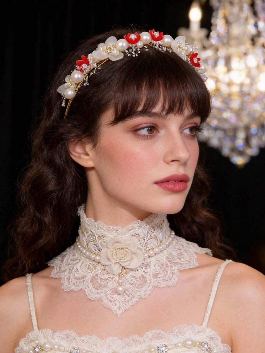 1Pc Luxury Gold Pink & White Floral Pearl Bridal Headband, Elegant Wedding Hair Accessory For Brides - Red - View 1