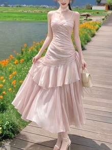 Vestido de fiesta con volantes en el bajo en color borgoña, conjunto brillante rojo para conciertos, vestido formal elegante de tirantes finos para dama de honor, cumpleaños, graduación, ropa de verano y primavera para bodas - Rosa Pálido - Ver 8