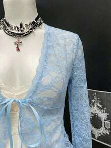 Blusa de mujer con cuello en V de encaje y ribete de encaje en contraste - Azul - Ver 5