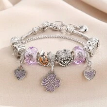 1 pieza Pulsera con cuentas de cristal morado con colgante de trébol de cuatro hojas y corazón, brazalete de lujo DIY, joyería elegante y versátil para mujeres - Pulsera de corazón de trébol de cuatro hojas - Ver 6