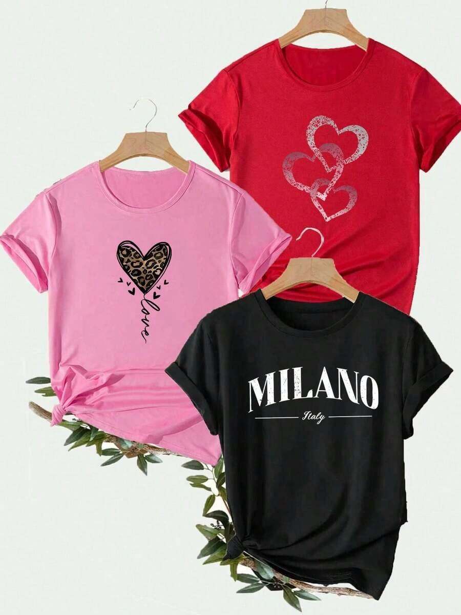 Women's T-Shirt 2026, Creative Design With Leopard Print, Heart-Shaped Ring Print And The Letter MILANO, Unique Piece, Casual Short-Sleeved Round Neck Top For Spring And Summer, Women's Clothing. - 黑色 - 查看 1
