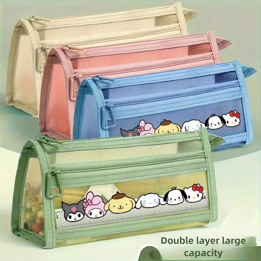 1 hộp đựng bút lưới hai lớp Sanrio, túi đựng văn phòng phẩm trong suốt dung tích lớn, túi đựng đồ dùng văn phòng phẩm tối giản in hình hoạt hình. - A - Xem 1