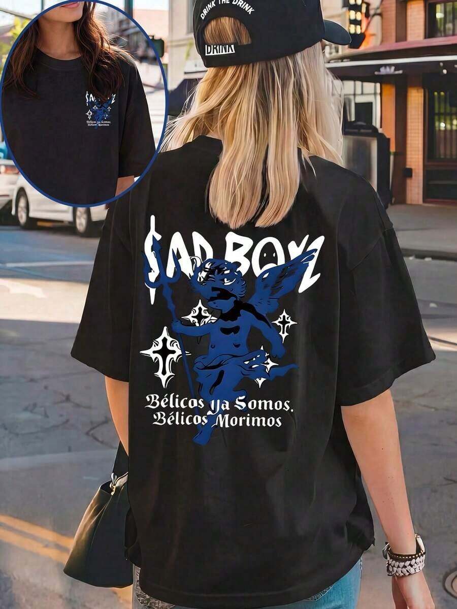 Under The Radar Women's Sad Boy Print Casual Black T-Shirt, Crew Neck, Drop Shoulder, Short Sleeve, Streetwear Style - Unisex Cotton Loose Fit Short Sleeve Crew Neck Vintage Style T-Shirt. - 黑色 - 查看 1