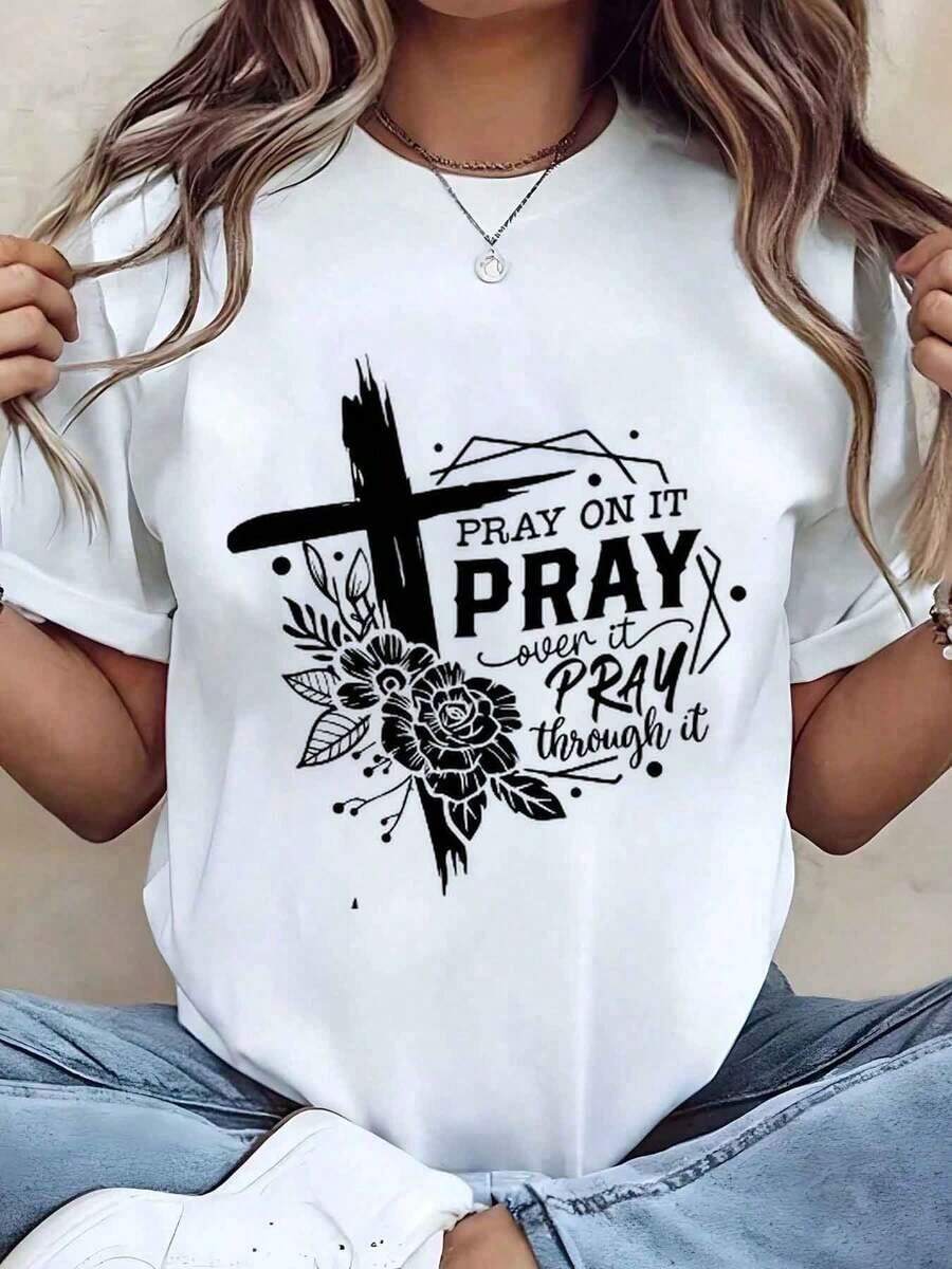 Soft, Breathable, And Lightweight For All-Day Comfort. Women's T-Shirt With A Cross And Floral Print And The Phrase "Pray On It, Pray Over It, Pray Through It." This Graphic Crew Neck Tee Is Perfect For Everyday Casual Wear, Church, Or As A Gift. 220g. The Classic Crew Neck And Relaxed Fit Flatter All Body Types And Are Easy To Pair With Jeans, Shorts, And Leggings. - 白色 - 查看 1