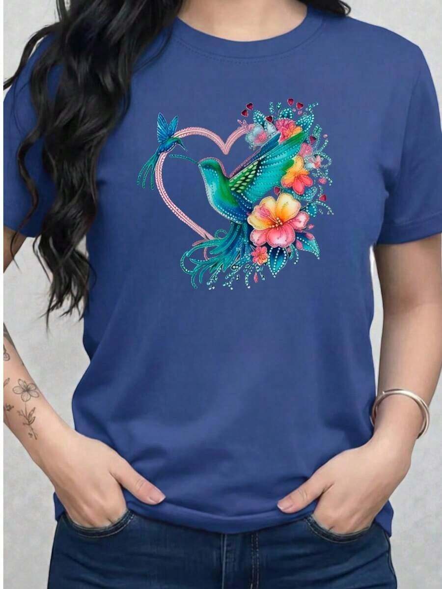 Free Shipping, Local Delivery In Mexico. Delivery In 4 Days. Women's Graphic T-Shirt, Casual Printed T-Shirts With Heart, Butterfly, Feather, Flower, Floral Style, Sparkly, Shiny, Shiny, For Daily Wear, Night Out, Valentine's Day, For Lovers, Soft Material, Loose Fit, Crew Neck, Short Sleeve - 皇家藍 - 查看 1