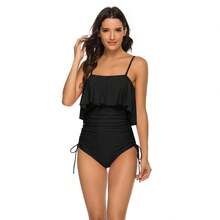 Traje de baño de una pieza para niña, de color sólido, sexy, con tirantes grandes y volantes. - Azul - Ver 4