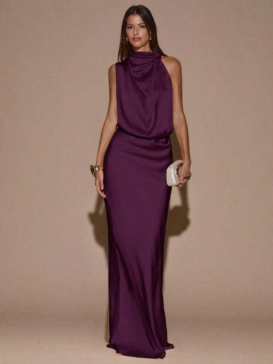 Vestido asimétrico sin mangas de color crema y amarillo, vestido de noche minimalista y sexy para fiesta, cóctel, boda, cumpleaños, vestido largo de satén - Rojo violeta - Ver 1