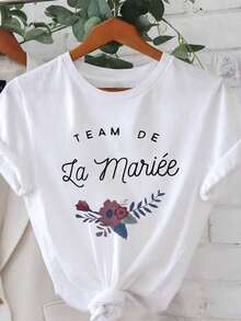 1 pieza de talla grande, camiseta de mujer con estampado TEAM DE La mariee, top casual de manga corta y cuello redondo, adecuada para la ropa de mujer de primavera y verano, 180g 100% algodón. - Blanco - Ver 2