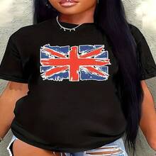 Women's Casual Retro UK Flag Print Short Sleeve Round Neck Cotton T-Shirt, High Stretch Regular Fit Tee Top - Negro - Ver 1