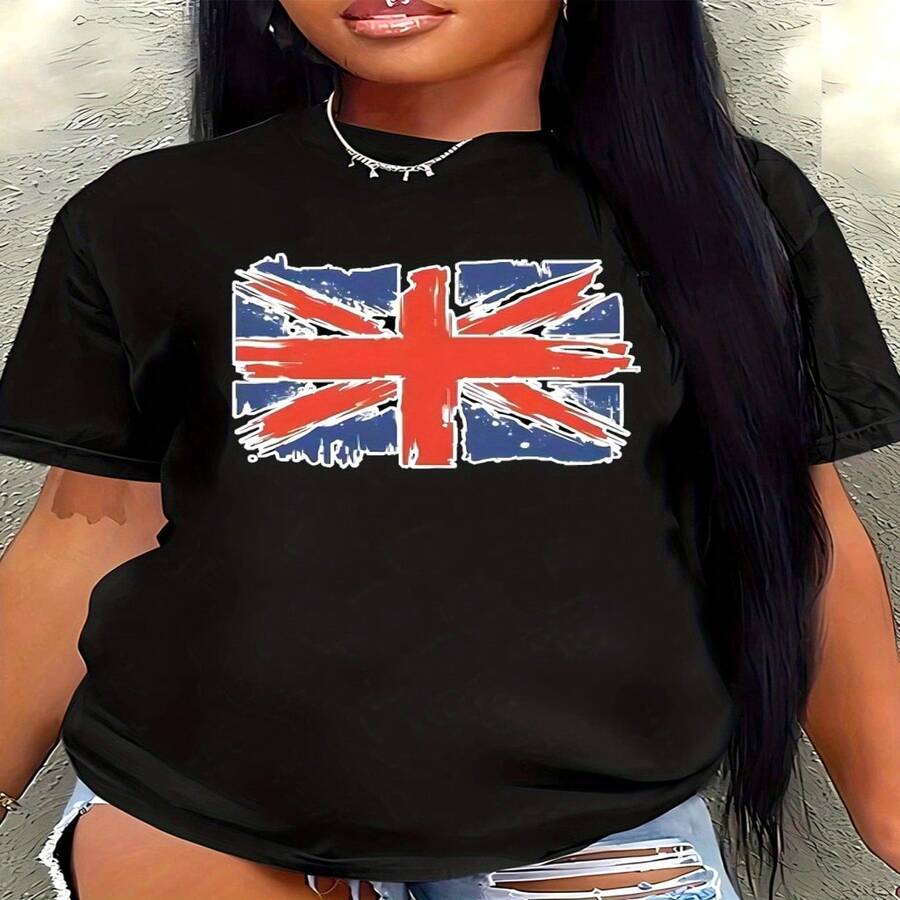Women's Casual Retro UK Flag Print Short Sleeve Round Neck Cotton T-Shirt, High Stretch Regular Fit Tee Top - Negro - Ver 1