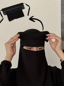 1pc Women's Black Niqab, Solid Color Full Face Covering Veil, Muslim Traditional Face Mask - Black - View 3