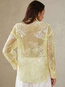 Tela transparente bordada con textura en color amarillo claro con aplicaciones de alas con cuentas, diamante de imitación y perlas para blusas de mujer, elegante para ir al trabajo, fiestas, vacaciones y uso diario casual - Amarillo - Ver 6