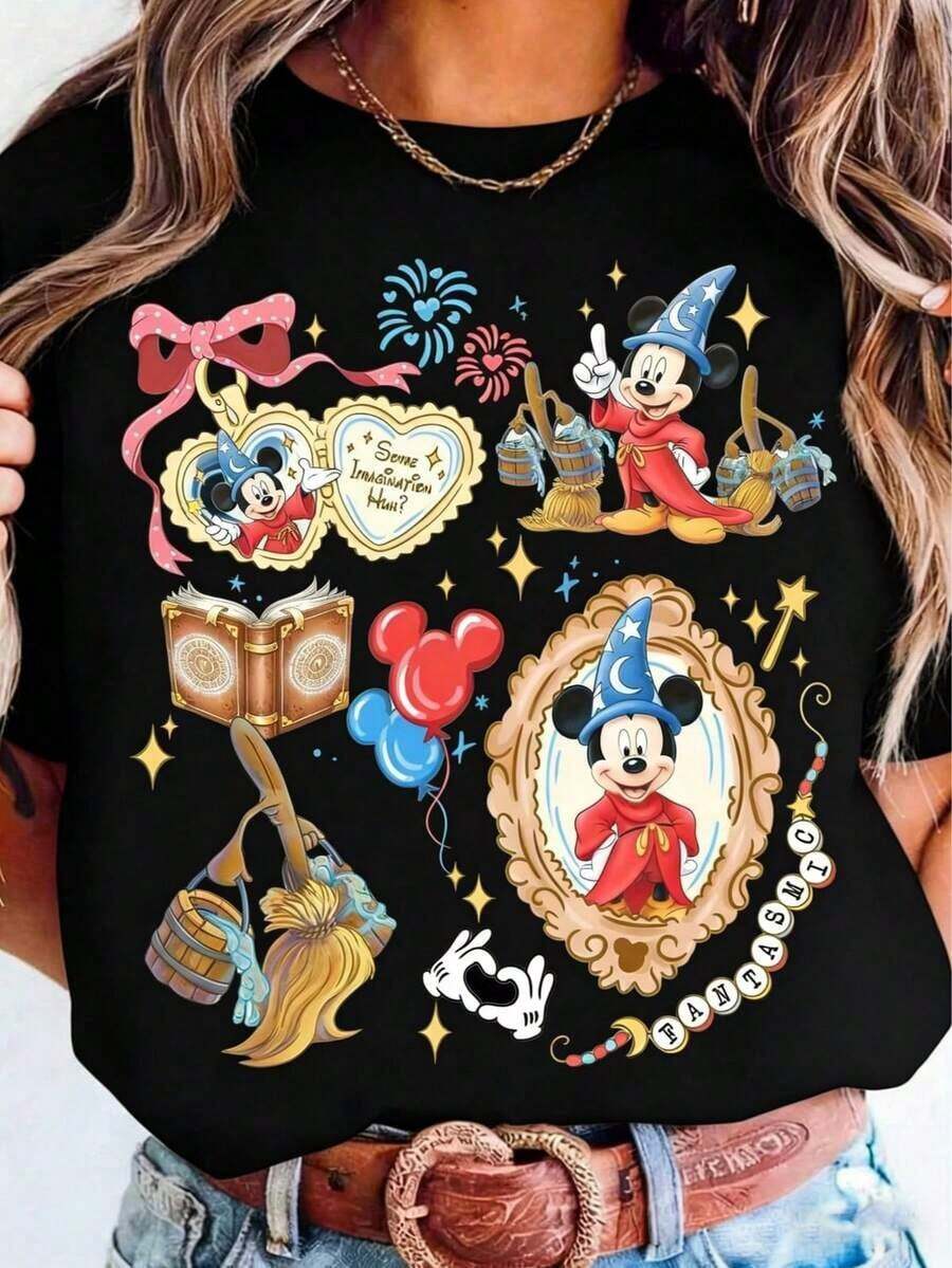 Officially Licensed Disney Women's T-Shirt With Fantasia And Minnie Mouse Design. Vintage Coquette Style With A Bow And The Magician From Fantasia Design. Soft Round Neck, All-Season Casual T-Shirt With Durable Print. - 黑色 - 查看 1