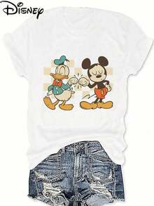 Disney Women's T-Shirt With Marie Cat Pattern Print, Casual Round Neck Short Sleeve Shirt, Perfect For Everyday Wear. Casual And Stylish Disney Women's Top Featuring Cartoon Motifs Of Donald Duck And Mickey Mouse On A Checkered Background, Part Of The New Disney Summer Collection. - trắng - Xem 1
