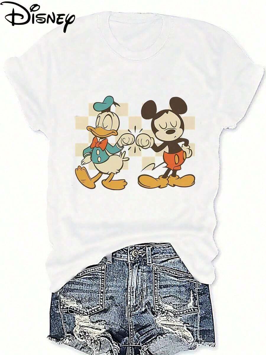 Disney Women's T-Shirt With Marie Cat Pattern Print, Casual Round Neck Short Sleeve Shirt, Perfect For Everyday Wear. Casual And Stylish Disney Women's Top Featuring Cartoon Motifs Of Donald Duck And Mickey Mouse On A Checkered Background, Part Of The New Disney Summer Collection. - trắng - Xem 1