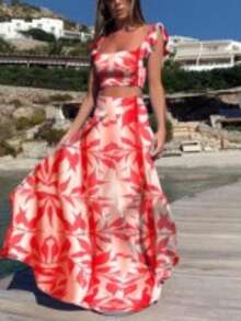 Women's Two-Piece Set With Floral Print Crop Top And Maxi Skirt, Halter Neckline, High Belt, Lightweight And Breathable Fabric Ideal For Beach, Vacation And Summer, Boho Chic Style Perfect For Beach Parties And Resorts - 紅白色 - 查看 2
