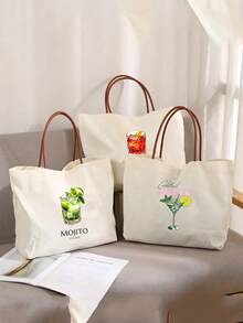 Vibrant Lemon Pattern Printed Tote Bag, Reusable Printed Women's Tote Bag, Double Handle Shopping Book Bag, Large Capacity Shoulder Bag, Casual Commute - Multicolor - View 3