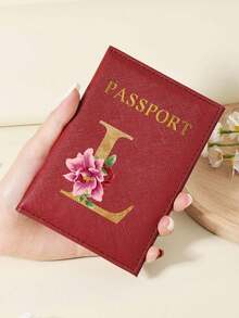 Floral Letter Print Passport Holder Wallet & Card Holder, Slim Travel Purse For Couple, Fits Cards & IDs, Lightweight Portable - Burgundy - View 96
