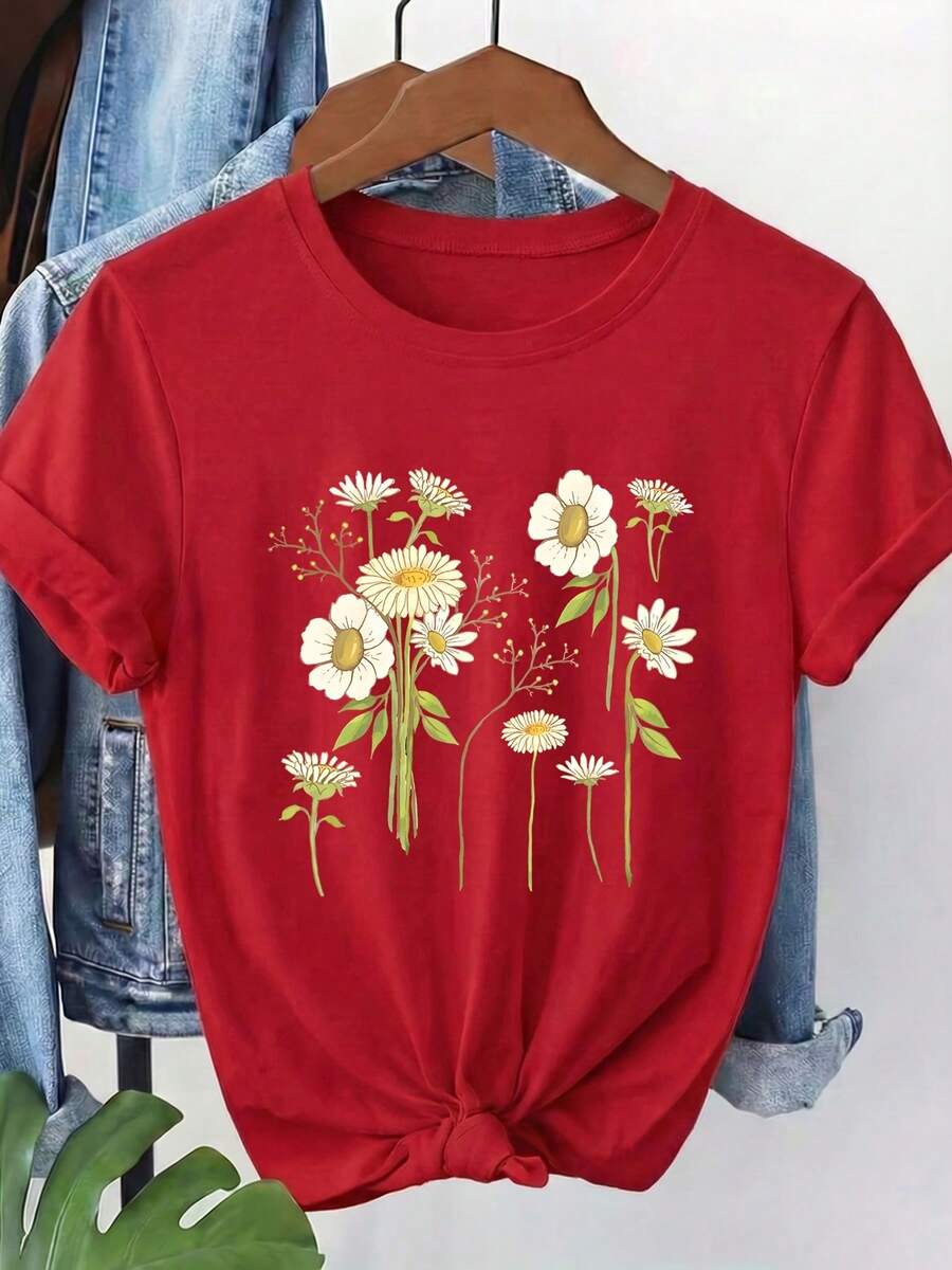 Camiseta de mujer, de manga corta y cuello redondo, con estampado floral de margaritas blancas y hojas verdes, lavable a máquina, adecuada para uso casual, ropa versátil, camiseta moderna y a la moda, material cómodo, para entusiastas de la moda. L4F1 - Rojo - Ver 1