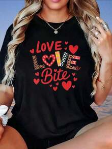 Women's T-Shirt With Heart And Leopard Print, Casual Summer Design With A Cute Valentine's Day Motif - Urban Vintage Style, Unisex, Cotton, Short Sleeve, Round Neck And Loose Fit. - 黑色 - 查看 6