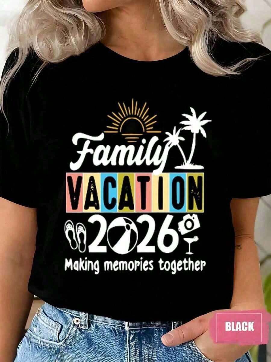 Nueva Llegada 2026, Camiseta de Verano para Mujer, Cuello Redondo, Estampado 'Familia en Vacaciones Creando Recuerdos Juntos', Regalo para Vacaciones en la Playa, Camiseta Casual de Manga Corta para Mujer, Blusas para Mujer, Camisa - Negro - Ver 1