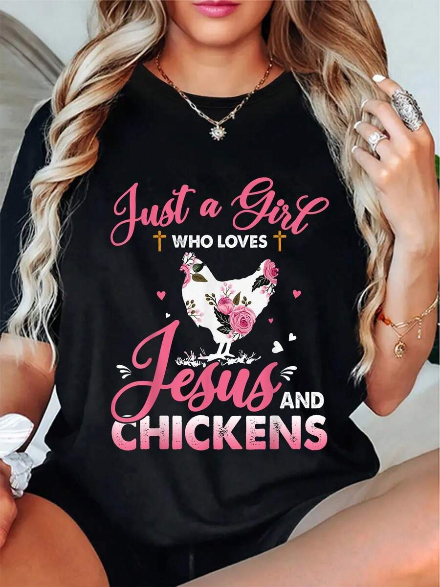 Talla - Camiseta de Mujer con Estampado de Fe Cristiana y Animales de Granja - Camiseta Just Love and Chickens - Camiseta Suave de Cuello Redondo - Negra con Letras Rosadas - Ropa Casual para Iglesia, Uso Diario y Vacaciones en Todas las Temporadas - Ropa de Fe para Mujer, Vestimenta de Iglesia, Diseño Divertido, Estilo Cómodo, Ropa Inspirada en la Fe, Comunidad de Fe - Camiseta Unisex de Algodón de Manga Corta y Cuello Redondo, Estilo Vintage Urbano y Holgado - Negro - Ver 1