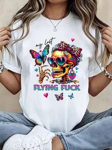 Women's Clothing Women's T-Shirt Sugar Skull With Graphic Print Butterfly And Flying Hearts Casual Everyday Wear Women's Shirts - 白色 - 查看 6
