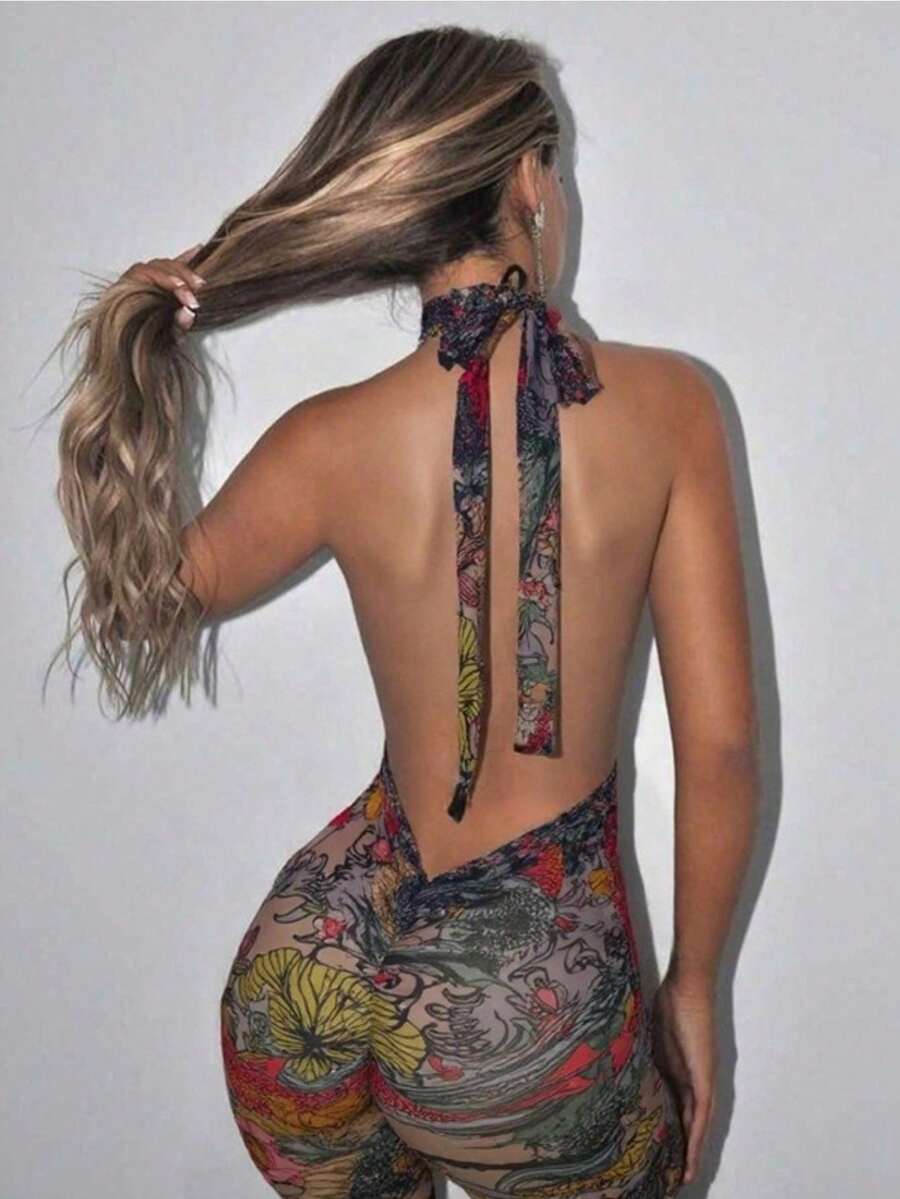 Pantalones De Una Sola Pieza Para Mujeres Con Tejido De Red Sexy Y De Moda, Estampfloral, Diseño Ajustado Y Sin Respaldo - Rojo - Ver 1