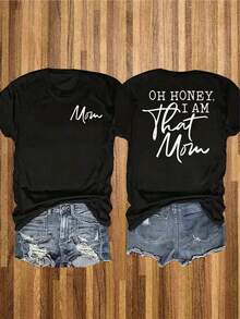 Camiseta con estampado de letras a dos caras, cuello redondo, manga corta, estilo casual, para primavera y verano, camiseta de moda casual para mujer. - Negro - Ver 6