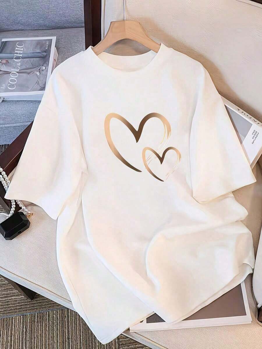 Camiseta de manga corta para mujer, estilo casual, holgada, versátil, con cuello redondo y estampado, transpirable y cómoda, para primavera y verano. - Blanco - Ver 1