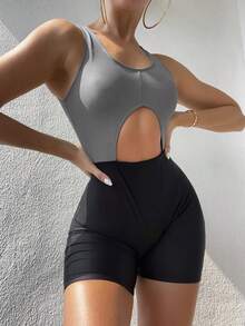Nuevo traje de baño de una pieza con diseño de patchwork de color sólido y detalles calados. - Gris pizarra - Ver 11