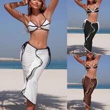 Nuevo traje de baño de tres piezas para mujer, de color sólido, moderno y sexy, con falda larga y estilo bikini. - 9333 Juego de tres piezas negro - Ver 2