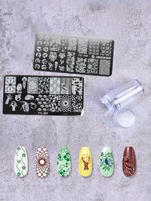 Bộ dụng cụ dập móng nghệ thuật gồm 2 tấm dập móng hình động vật hoạt hình và hoa lá, 1 dụng cụ dập móng có nắp đậy, và dụng cụ gạt bỏ chất bẩn. - Bạc - Xem 1