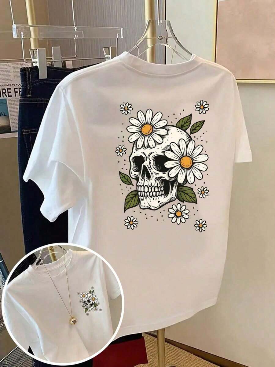 Camiseta de manga corta de talla grande para mujer - Camiseta básica casual de corte holgado, elegantes tops de poliéster, camiseta de manga corta con estampados de calaveras y margaritas - Camiseta estampada de primavera/verano para mujer, artículo de moda, transpirable y cómoda. - Blanco - Ver 1