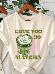 New Casual Summer T-Shirt With Graphic Print "Love You So Much Matcha", Short Sleeve, Crew Neck, Casual Style, Suitable For Summer And Spring, Loose Fit Cotton Short Sleeve Crew Neck T-Shirt, Unisex Urban Vintage Style For Women. - 杏 - 查看 6