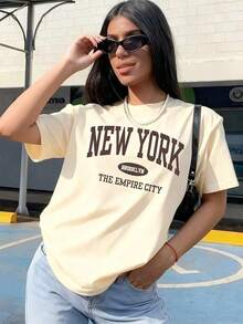 Women's Simple Loose Fit T-Shirt, Modern Style Graphic Tees For Women: NEW YORK BROOKLYN THE EMPIRE CITY Printed T-Shirt | Breathable, Lightweight, Comfortable, Casual Crew Neck T-Shirt, Ideal For Spring/Summer, Modern And Stylish. 100% Cotton. Women's Graphic Print T-Shirt Summer 2026 - 杏色 - 查看 7