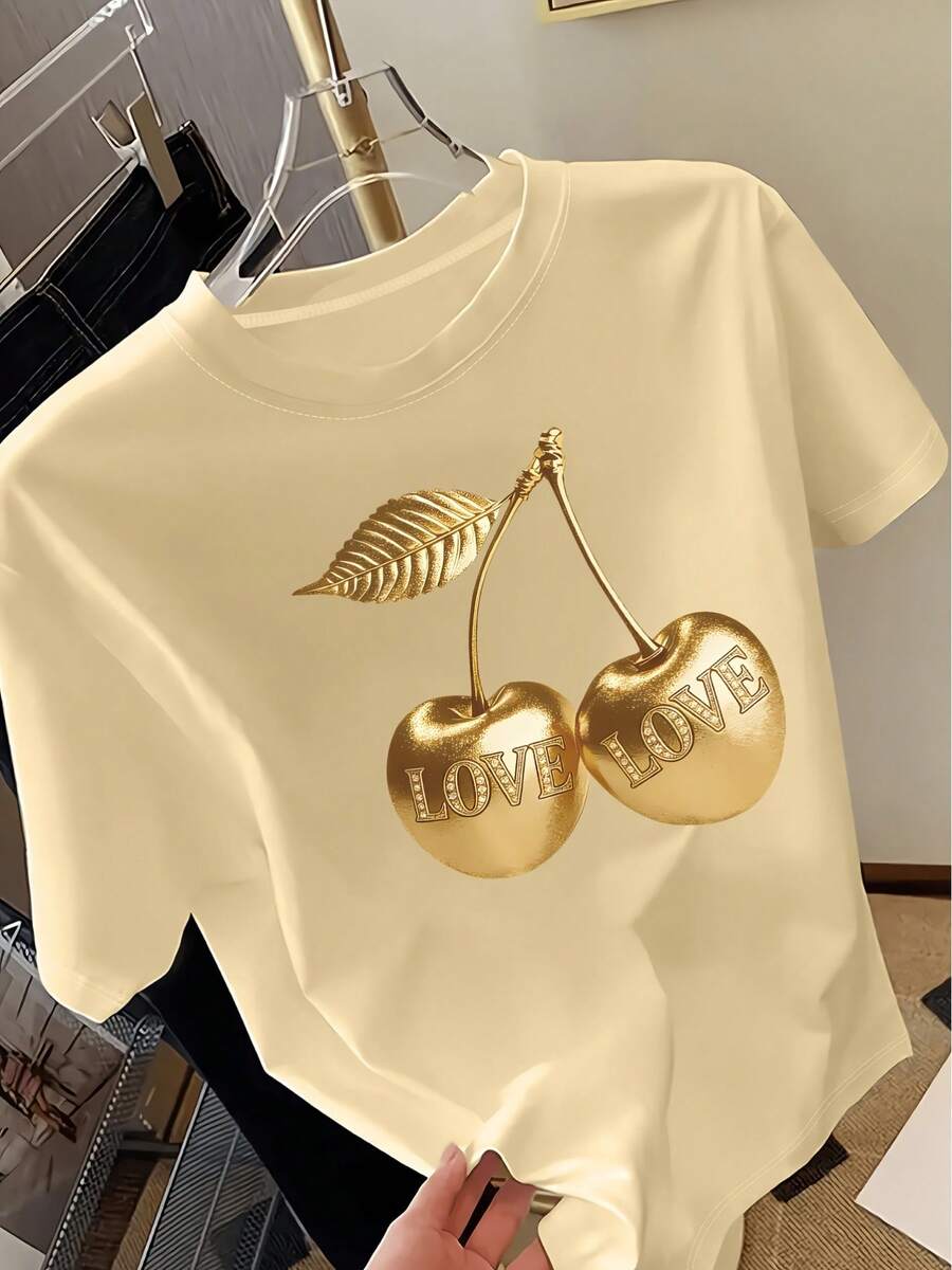 Women's Short-Sleeved T-Shirt With Cherry Print, Casual Top, Stylish And Versatile For Everyday Wear. | Comfortable And Soft Fabric | EXEY Women's T-Shirts For Spring And Summer - 杏色2 - 查看 1
