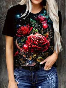 Camiseta de manga corta para mujer con estampado elegante, corte ajustado y cuello redondo. - Negro - Ver 1