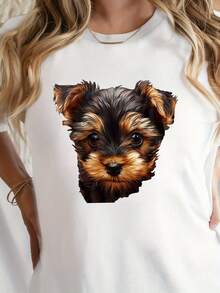 Camiseta de cuello redondo con estampado de cachorro Yorkshire Terrier, camiseta casual de manga corta para primavera y verano, ropa de mujer. - Blanco - Ver 1