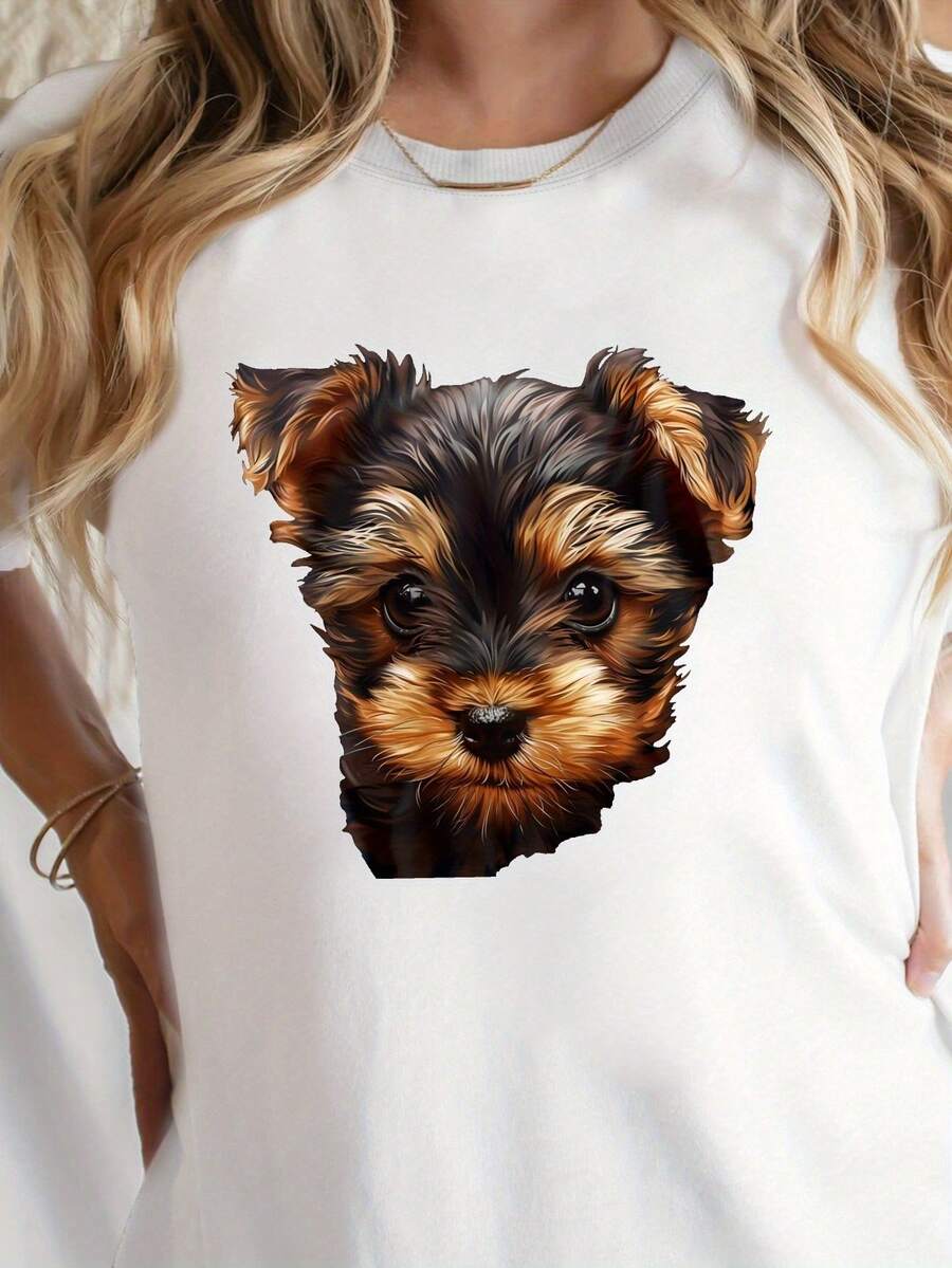 Camiseta de cuello redondo con estampado de cachorro Yorkshire Terrier, camiseta casual de manga corta para primavera y verano, ropa de mujer. - Blanco - Ver 1