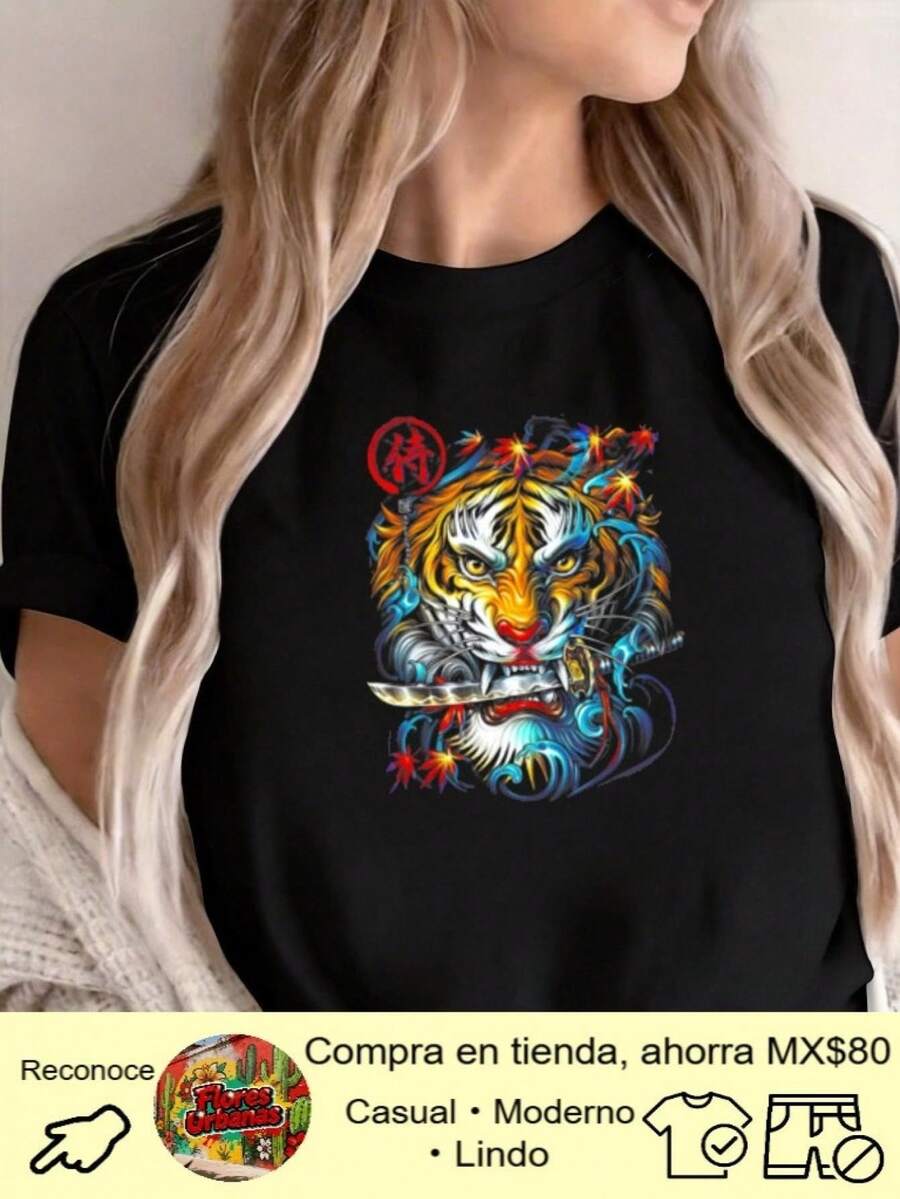 Camiseta de Mujer con Estampado de Dibujos Animados, Manga Corta, Cuello Redondo, Casual y Versátil, Transpirable y Lavable, Diseño Vintage, Ropa Deportiva Urbana, Suave y Transpirable, Versátil, Ideal para Vacaciones en la Playa y Uso Diario. - Negro - Ver 1