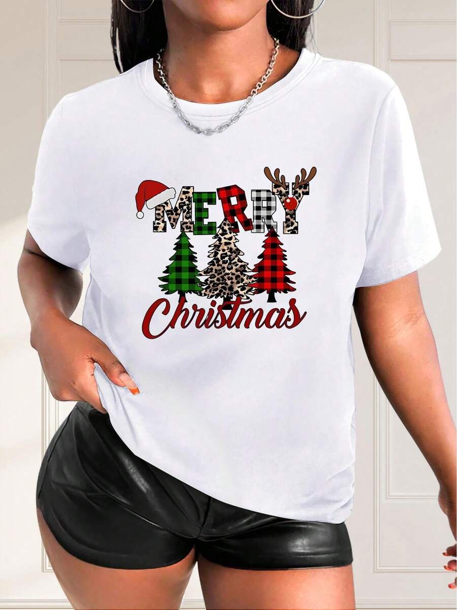 100% Polyester Merry Christmas Tree Print Women's T-Shirt - Crew Neck, Short Sleeve, Casual Style, Medium Stretch For Spring/Summer/Fall With Reindeer - White - View 1
